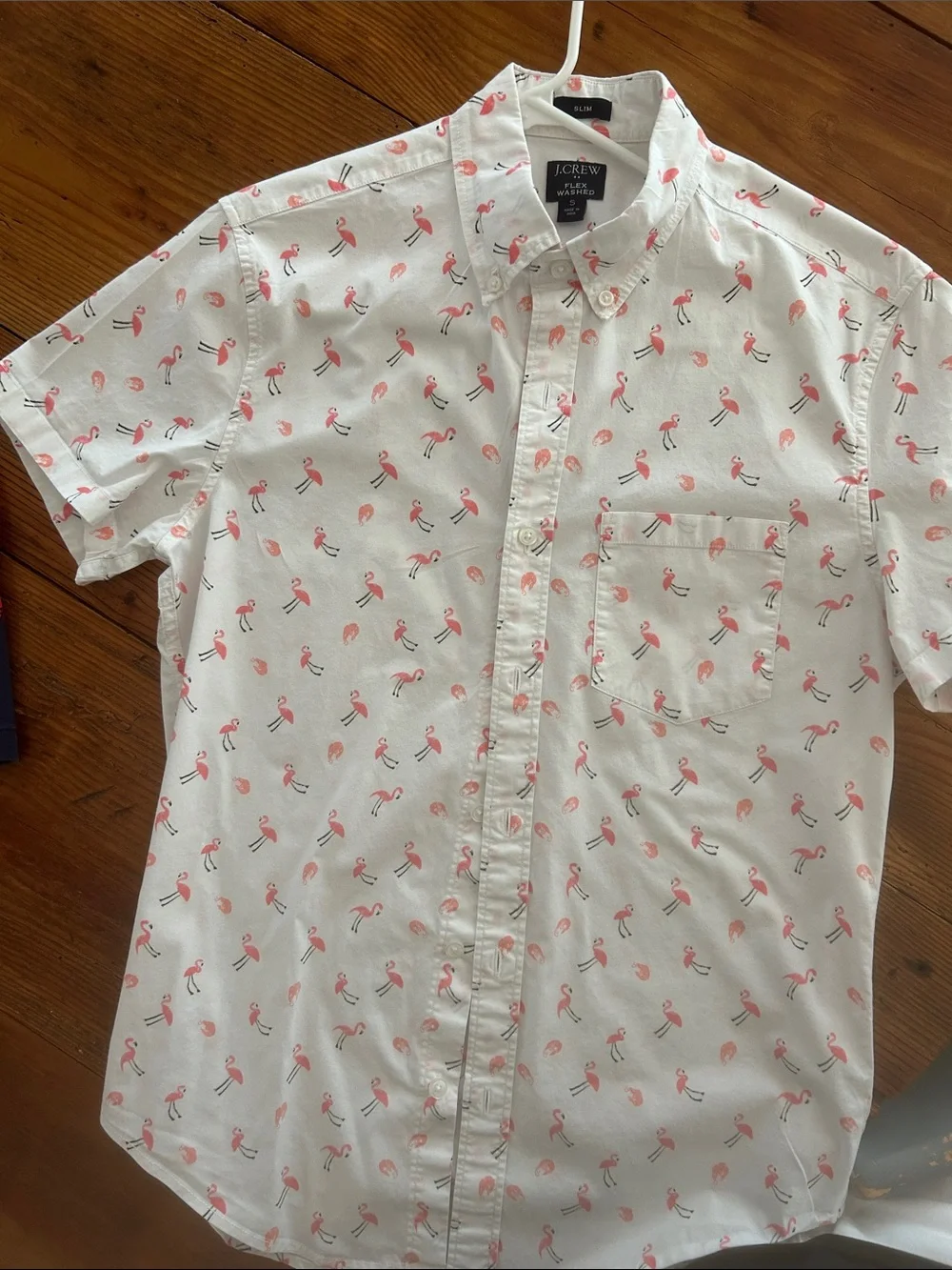 J. Crew White Short-Sleeve Button-Down Shirt with Pink Flamingo Print